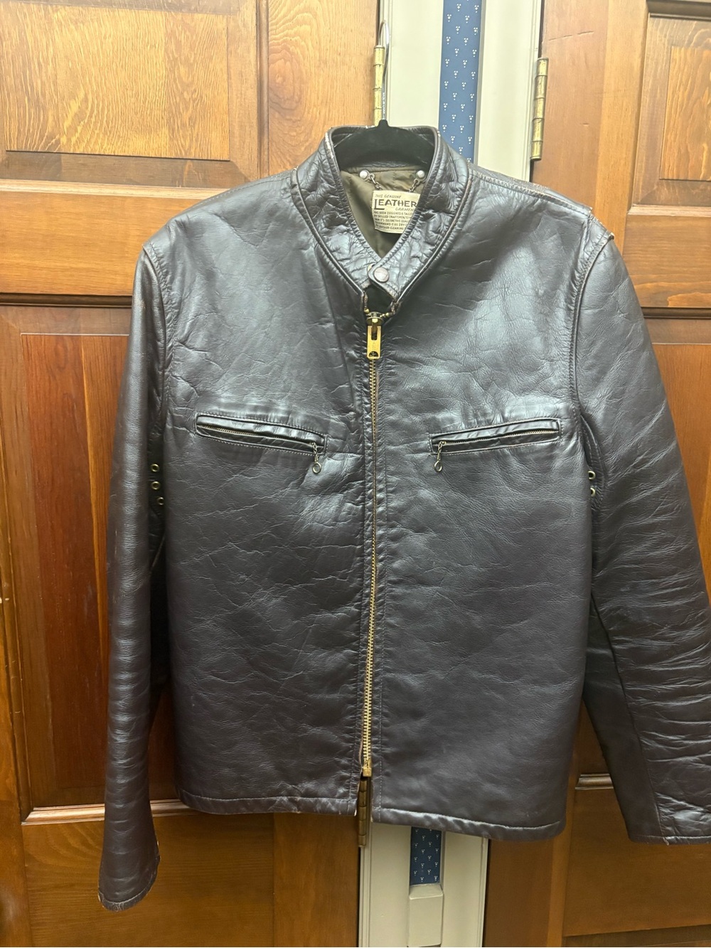 Men's Dark Brown Leather Bomber Jacket with Stand Collar